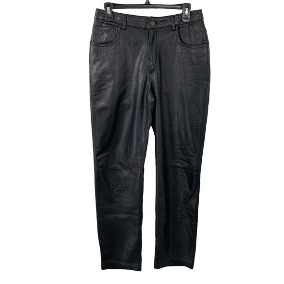 Vintage Express Y2K Black Leather Pants Size 9 / 10 Moto Tapered Leg - Picture 1 of 8